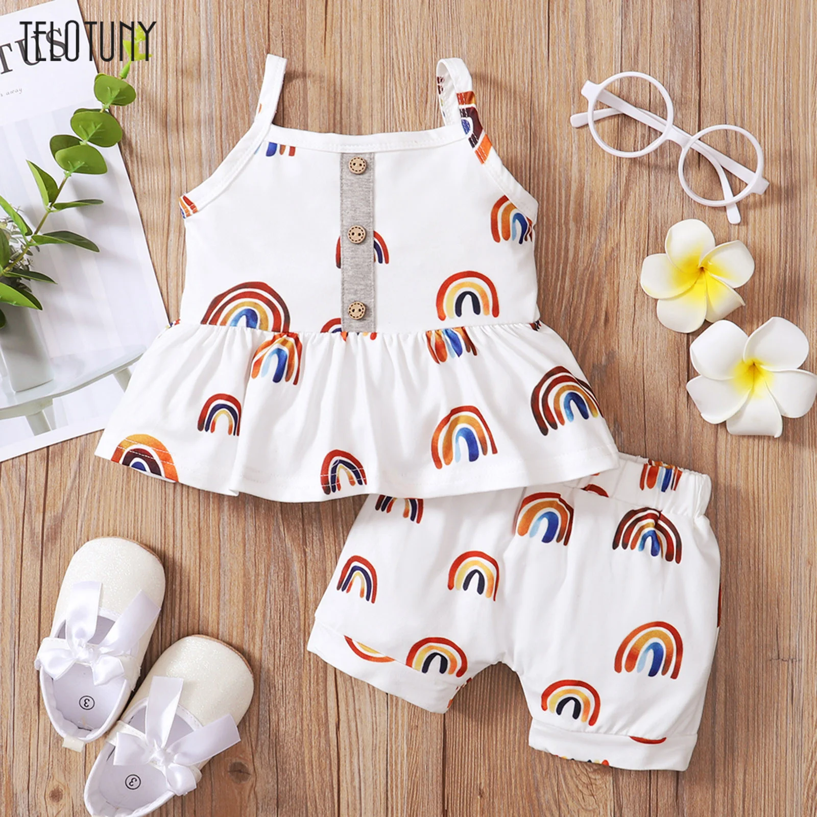 Платье для маленьких девочек платье с короткими рукавами в радужную лямки