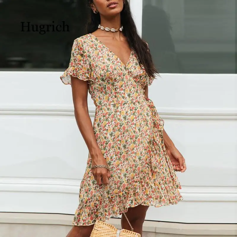 

Summer Boho Beach Dress Women Floral Print Ruffle Wrap Dress 2021 Sexy Chiffon Mini Sundress Robe Femme