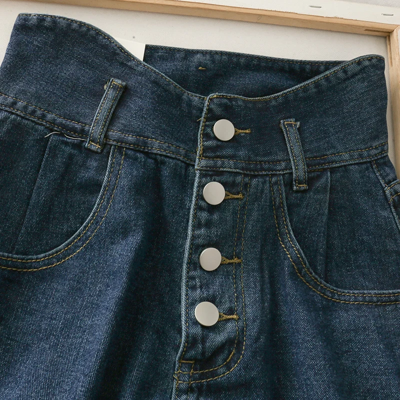 Женские джинсовые шорты на пуговицах винтажные темно-синие с высокой талией