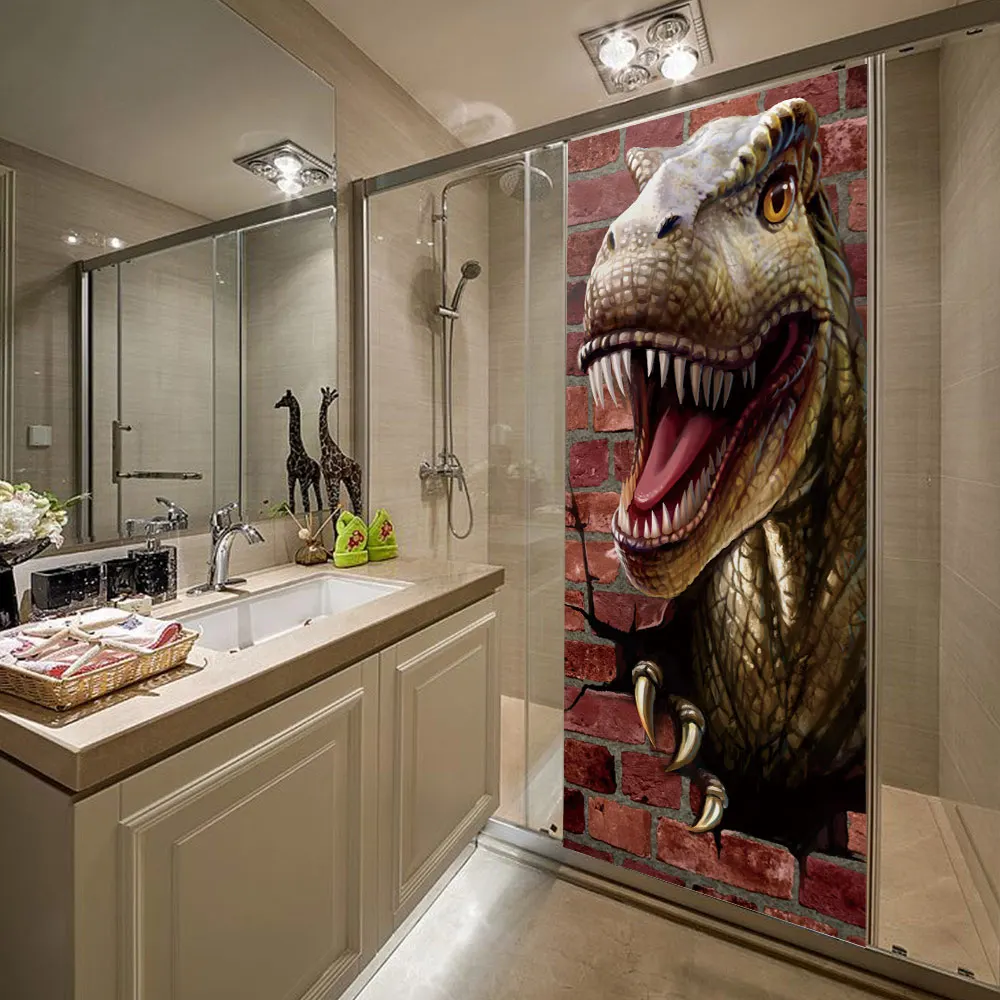 Pegatinas de puerta 3D de dinosaurio creativo, pegatinas de pared autoadhesivas, impermeables, extra&iacute;bles-1