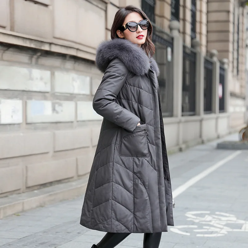 Куртка из натуральной кожи для женщин длинная куртка овчины с капюшоном лисьего