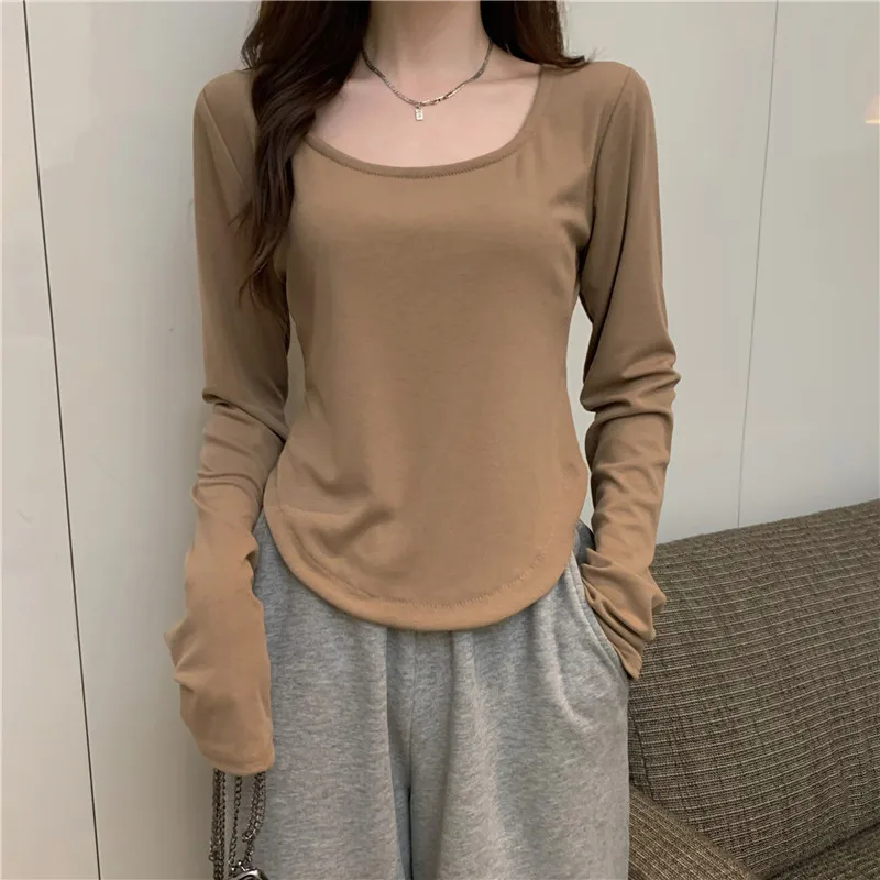 

Korean Woman Tshirts Casual Solid O-Neck Asymmetric Vintage Long Sleeve Tees Harajuku Shirts For Women