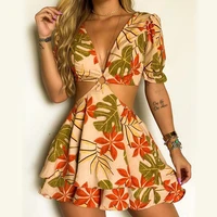 wywmy women dresses sexy deep v neck multicolor leaves print cut out o ring short sleeve pleated casual chic elegant mini dress