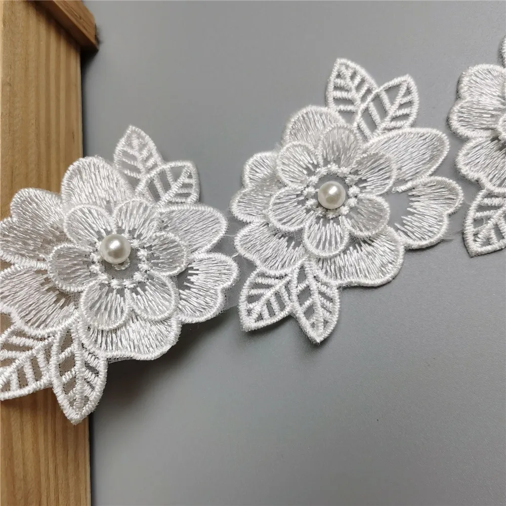 10 шт. белый цветок с жемчугом вышитая кружевная отделка по краям лента ткань в