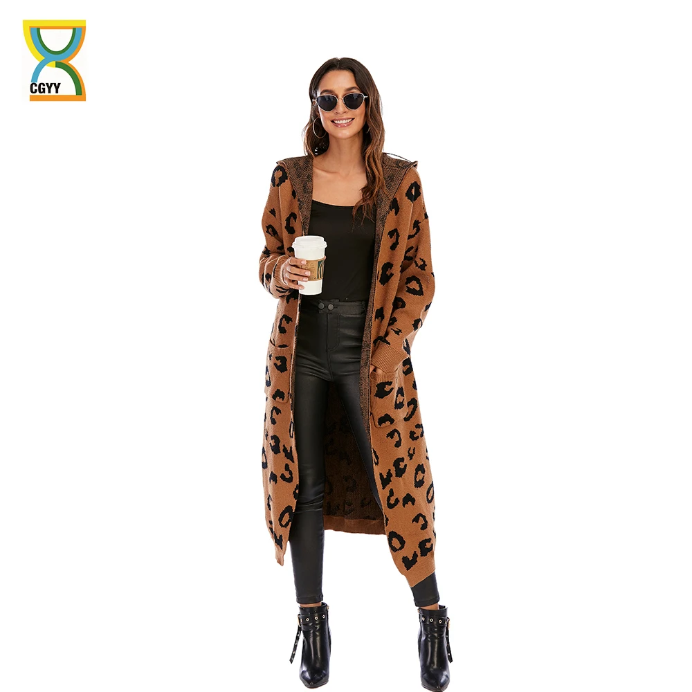 

CGYY Women Leopard Print Long Sleeve Knittd Cardigan Open Front Autumn Winter Sweater Outwear Coat with Pocket