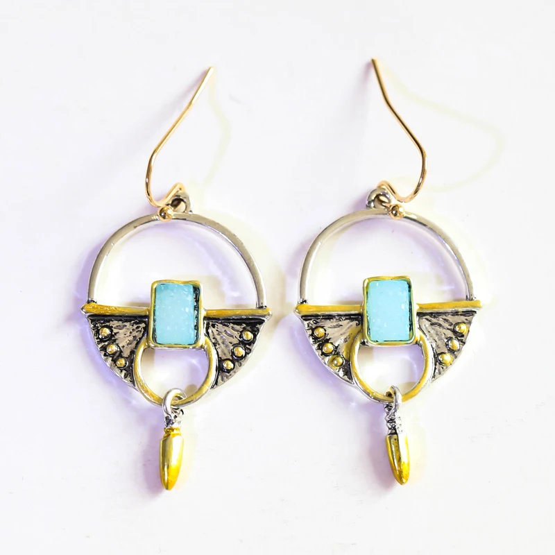 Boho Tribal полые круглые пули инкрустировано синим камнем серьги винтажные женские