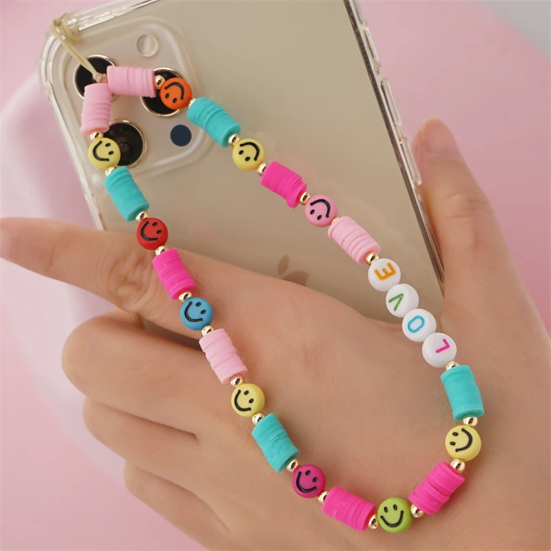 

Bohemian Style Simple Soft Pottery Beaded Mobile Phone Chain Cute Smiley LOVE Letter Mobile Phone Anti-Lost Chain Female