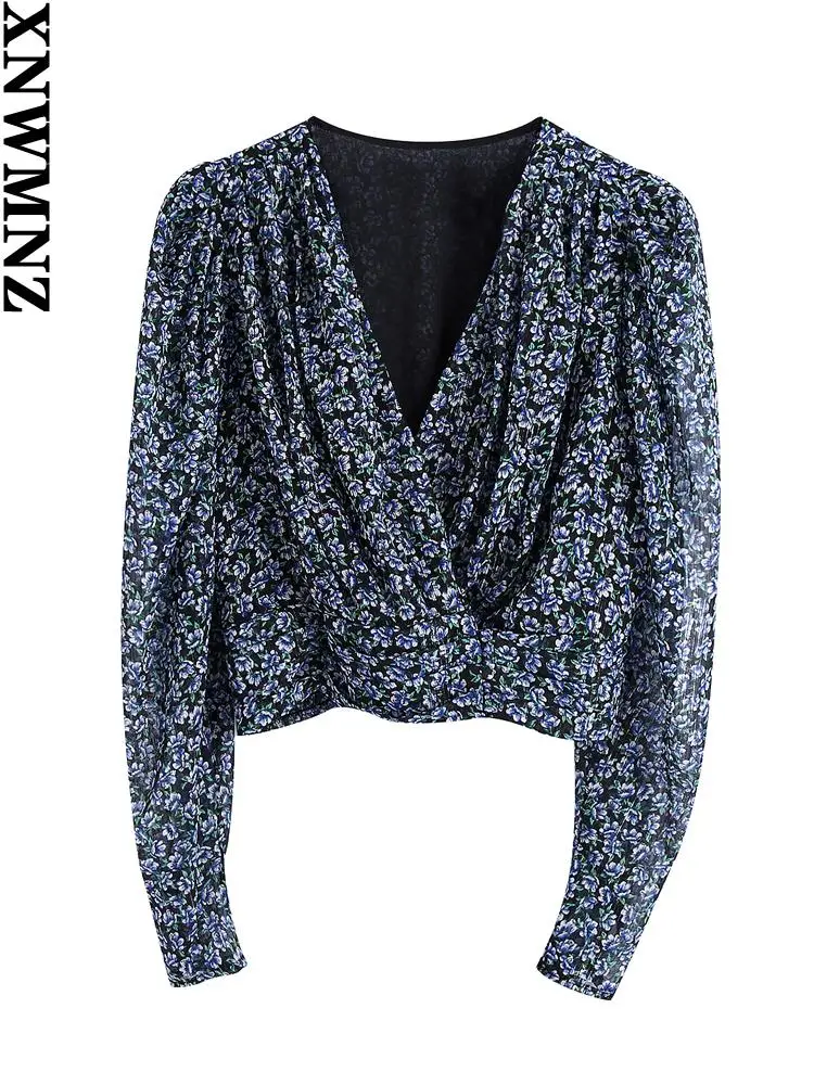 

XNWMNZ blusas 2022 Модные женские плиссированные блузки с цветочным принтом винтажный V-образный вырез с длинным рукавом укороченный топ женские ру...