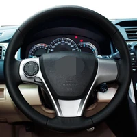 black genuine leather hand stitched car steering wheel cover for toyota venza 2012 2017 camry us 2012 2014