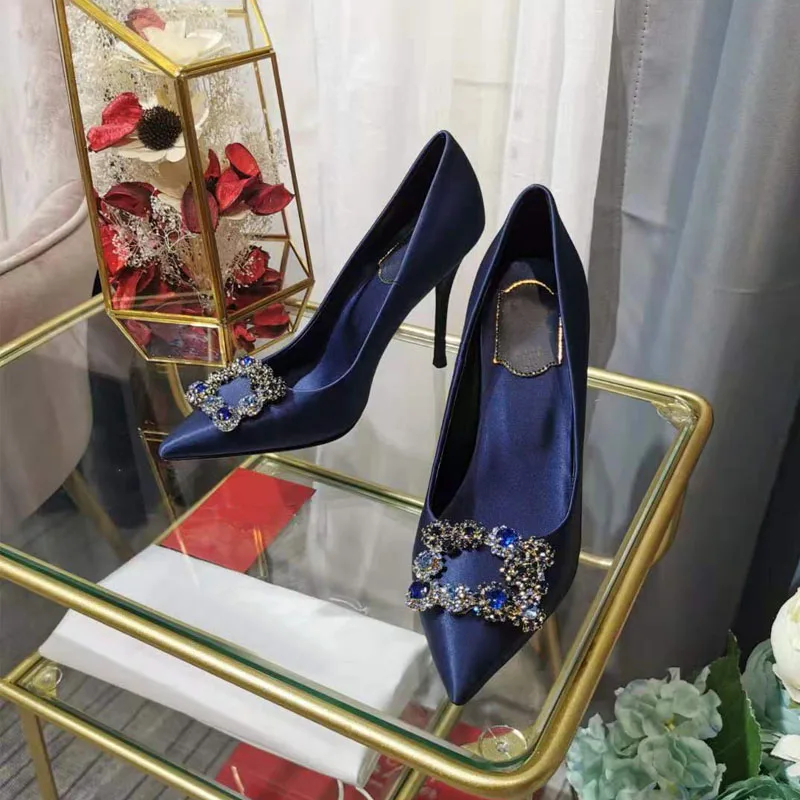 

Blue High Heels Stiletto Pointed Toe Shallow Mouth Snowflake Diamond Buckle Silk Luxury Banquet Ladies High-heeled Shoes 41S