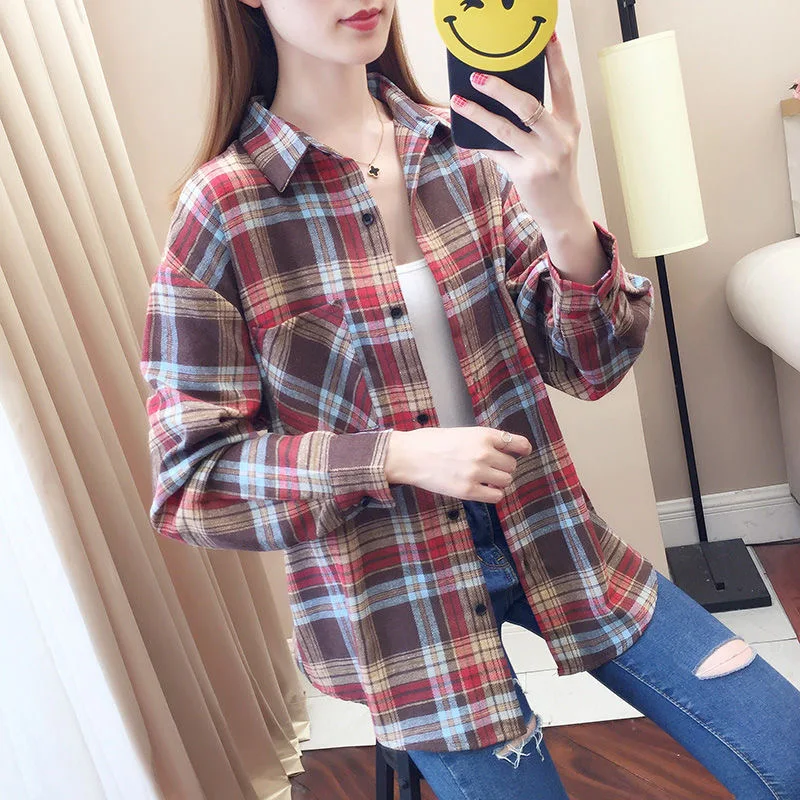 

Women Plaid Warm Shirt Female Jacket Checked Coat Casual Turn-down Collar Long Sleeve Autumn Blouse Fashion Loose Outwear Tops