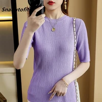 womens ice silk short sleeved t shirt 2021 summer new loose hollowcoolknitted sweaterround neck large sizem l xl xxl