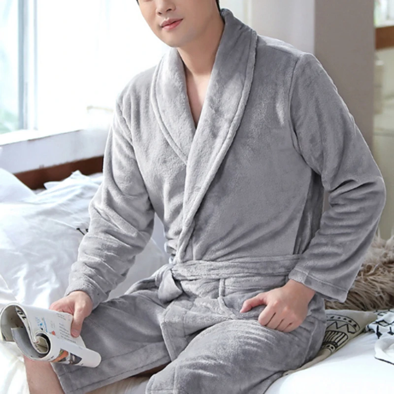 

Men Casual Wine Red Kimono Bathrobe Autumn Winter Flannel Long Robe Thicken Warm Soft Sleepwear Nightgown Male Casual Home Wear
