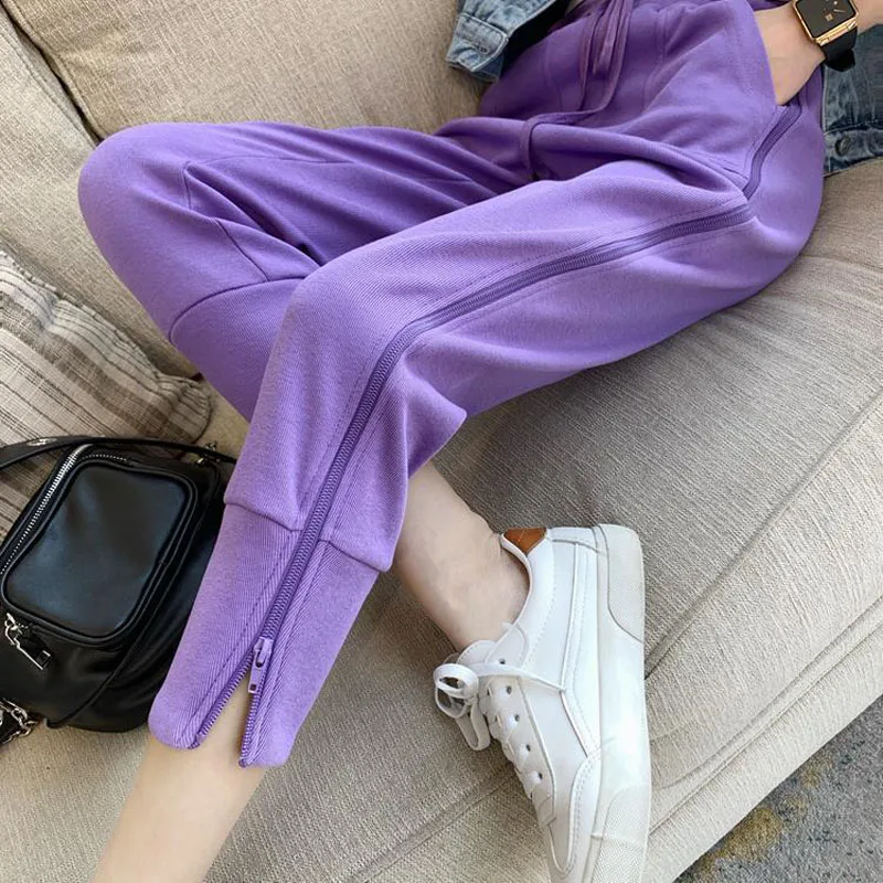 

New Fashion Side Zipper Casual Ankle-length Harem Pants Plus Size(M-4XL)women Summer High Waist Solid Loose Drawstring Trousers