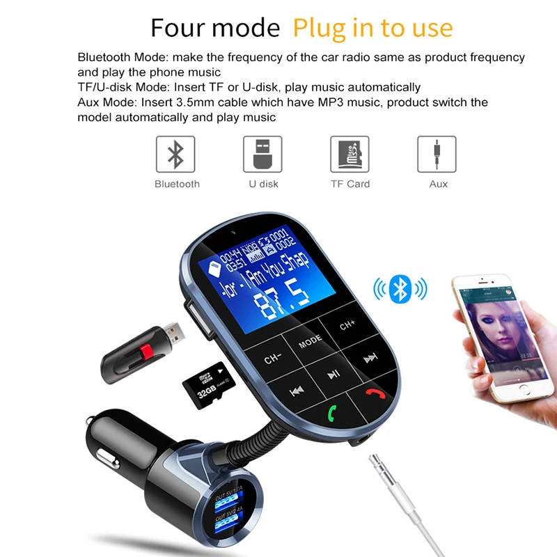FM модулятор Bluetooth 4,2 MP3 музыкальный плеер Автомобильный комплект fm-передатчик Bluetooth радио передатчик AUX модулятор двойной usb зарядка