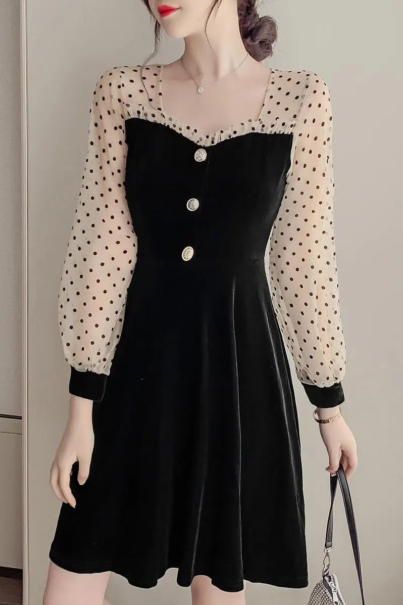 

COIGARSAM Patchwork Women dress New Spring Polka Dot Mesh Dresses 5588
