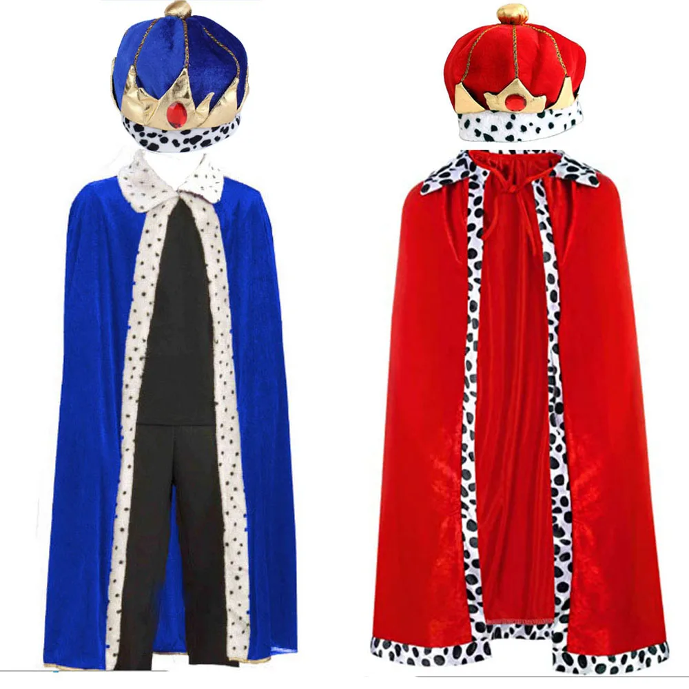 Adult Men Retro Medieval Court King Prince Cosplay Costumes Cloak Crown Hat Halloween Birthday Party Red Blue Accessory