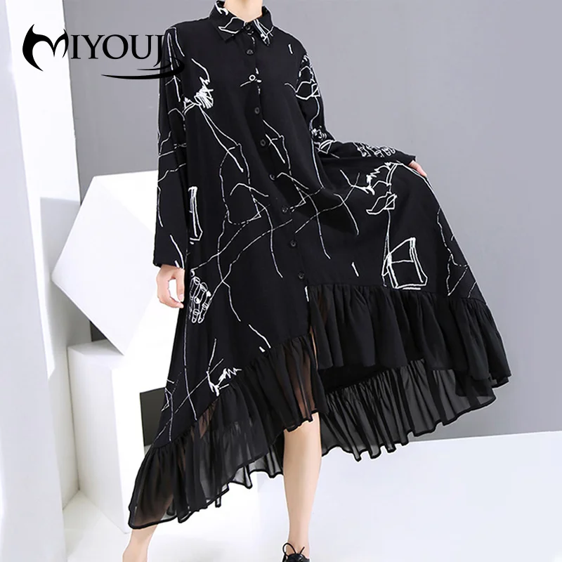 

MIYOUJ принт с геометрическим узором шифоновое платье 2020 Новая Осенняя Повседневная Свободная одежда плюс винтажное женское платье
