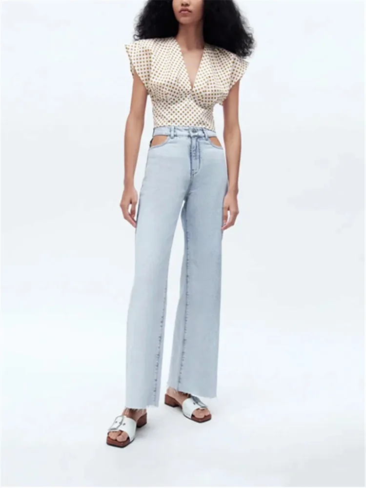 

ZA 2021 summer new women's wear European and American style fashion temperament lace-up V-neck polka dot short linen shirt