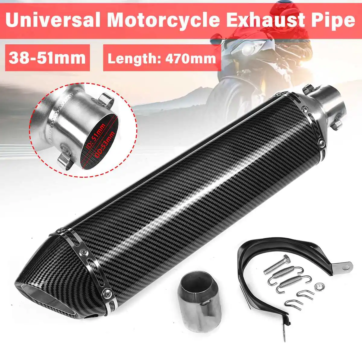 

470mm Motorcycle Exhaust Muffler Pipe 51mm Slip-on Exhaust Tip Carbon Styling Tail Tube Universal For Honda/Yamaha/Suzuki