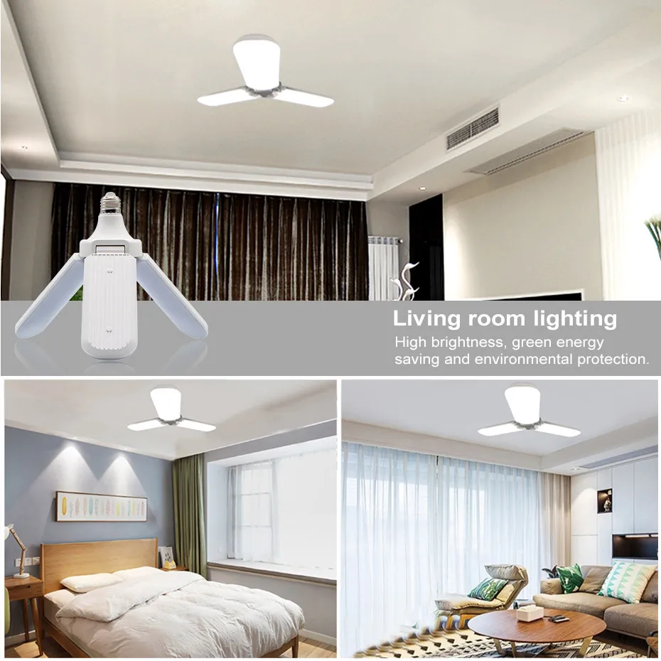 

220V Foldable Fan Blade Angle Adjustable Ceiling Lamp 45W/60W LED Pendant Light E27 LED Bulb for Home Energy Saving LED Light