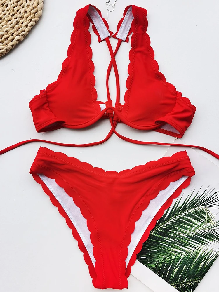 

Solid Push Up Bikini 2020 New Arrival Underwire Padded Lace Bikinis Mid Waist Bandage Swimsuit Sexy Swimwear Women