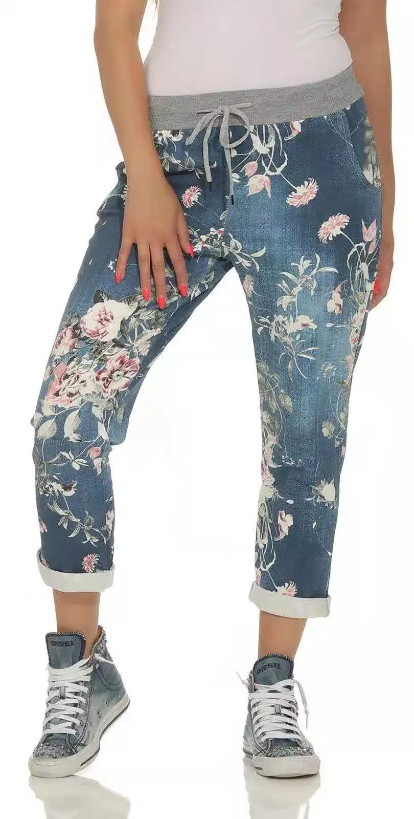 

Women Jeans Floral Printed Patchwork Sashed Elastic Waist Cuffs Straight Casual Fashion Pants Tannins Light Grey Women's Pants