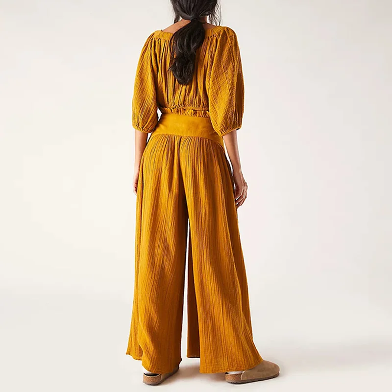 

S-3XL Summer Women Fashion Solid Color Cotton and Linen Casual Half Sleeve Wide Leg Pants Two Piece Set Pant Set