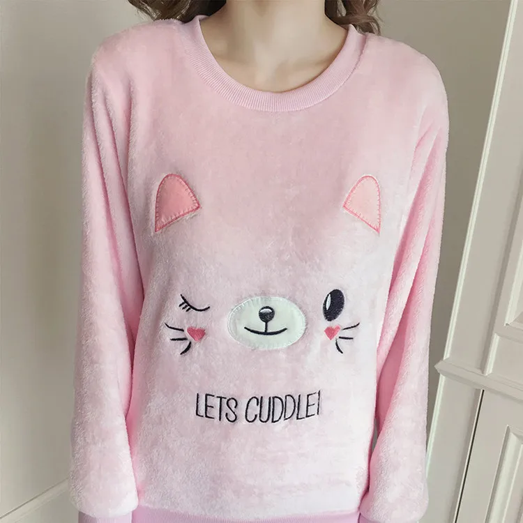 Women Pajama Sets Autumn Winter Pajamas Flannel Cartoon Thick Warm Women Sleepwear Cute Animal Female Homewear
