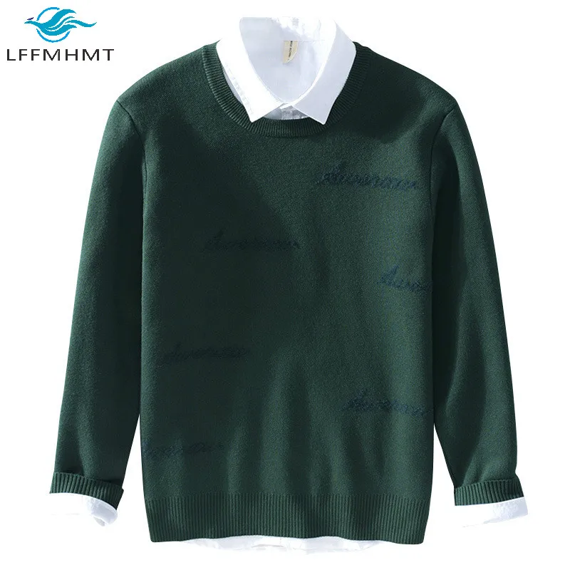 

Winter Fall New Trendy Men O-Neck Letter Embroidery Long Sleeve Sweater Male Simple Casual Warm Fleece Thicken Pullover Knitwear
