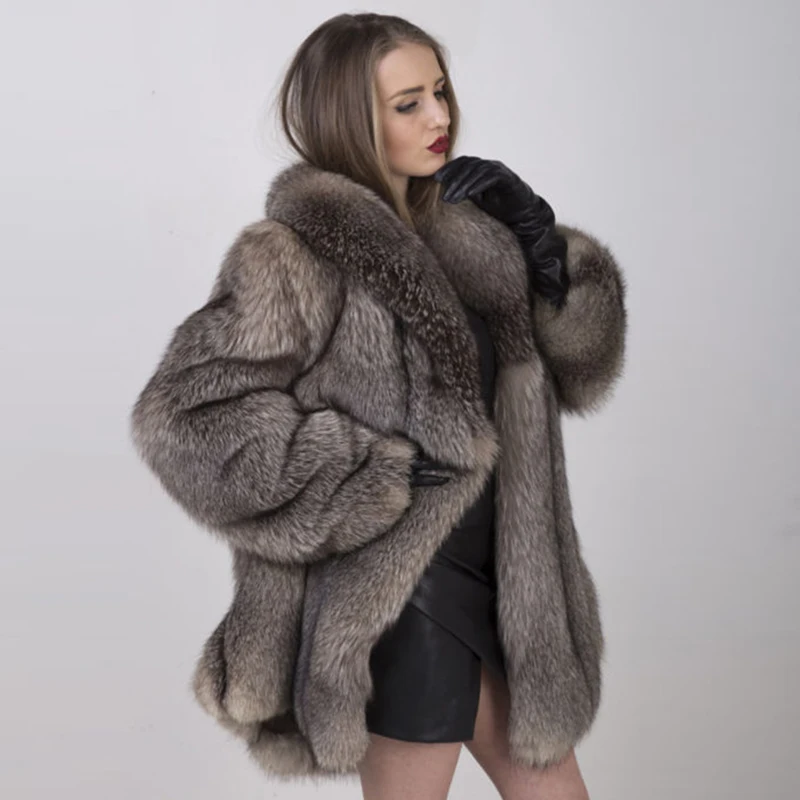 Natural Full Pelt Real Sliver Fox Fur Jacket With Fur Collar Winter Thick Warm Natural Fox Fur Coats  For Women Luxury Overcoat