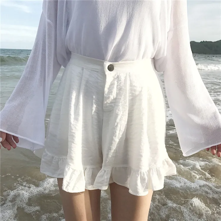 Расклешенные с широкими штанинами шифоновое короткое рюшами и высокой талией