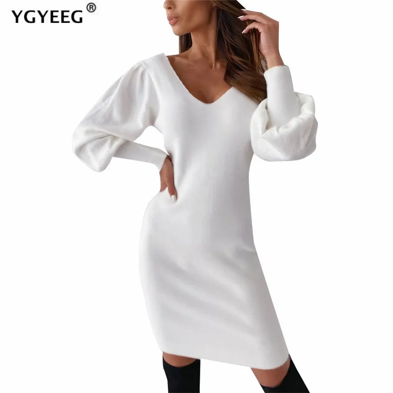 

YGYEEG Sexy V Neck Women Dress Office Lady White Lace Long Puff Sleeve Party Backless Hollow A-Line Splice Pullover New Clothes
