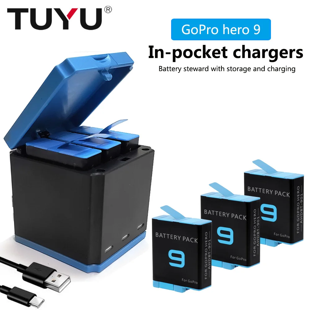 

TUYU For GoPro hero10 hero 9 3 Ways LED Light Battery Charger Storage Charging Box For GoPro Hero 9 Black Accessories