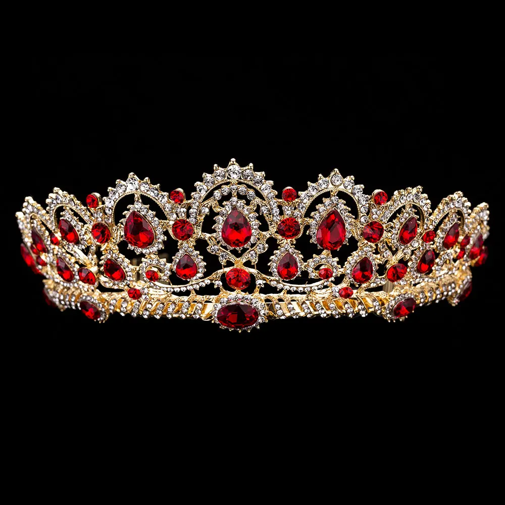 1PCS Crown Red KMVEXO, 3 шт., в стиле барокко, Ретро стиль, золото, Красный Кристалл, Свадебные Ювелирные наборы, стразы, диадемы, корона, ожерелье, серьги, набор, свадебные аксессуары - Окраска металла: 1PCS Crown Red