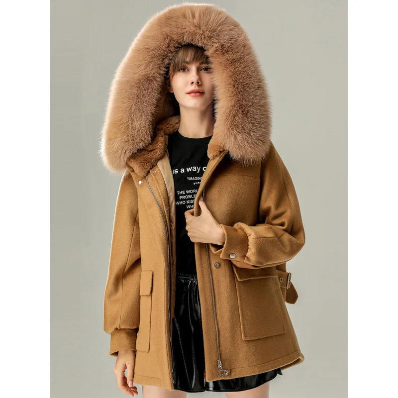 

Fox 100% Wool Fur Coat Fur Collar Hooded Female Winter Parkas Rex Rabbit Fur Liner Women's Coats Warm Jacket Woman Ropa Zjt967