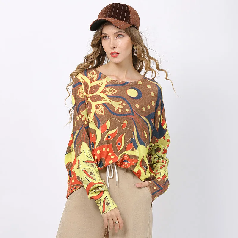 

Autumn Spring Print Sweater Tops Women's Clothing Long Sleeve O-neck Knitted Sweaters Sueter Mujer TA6324