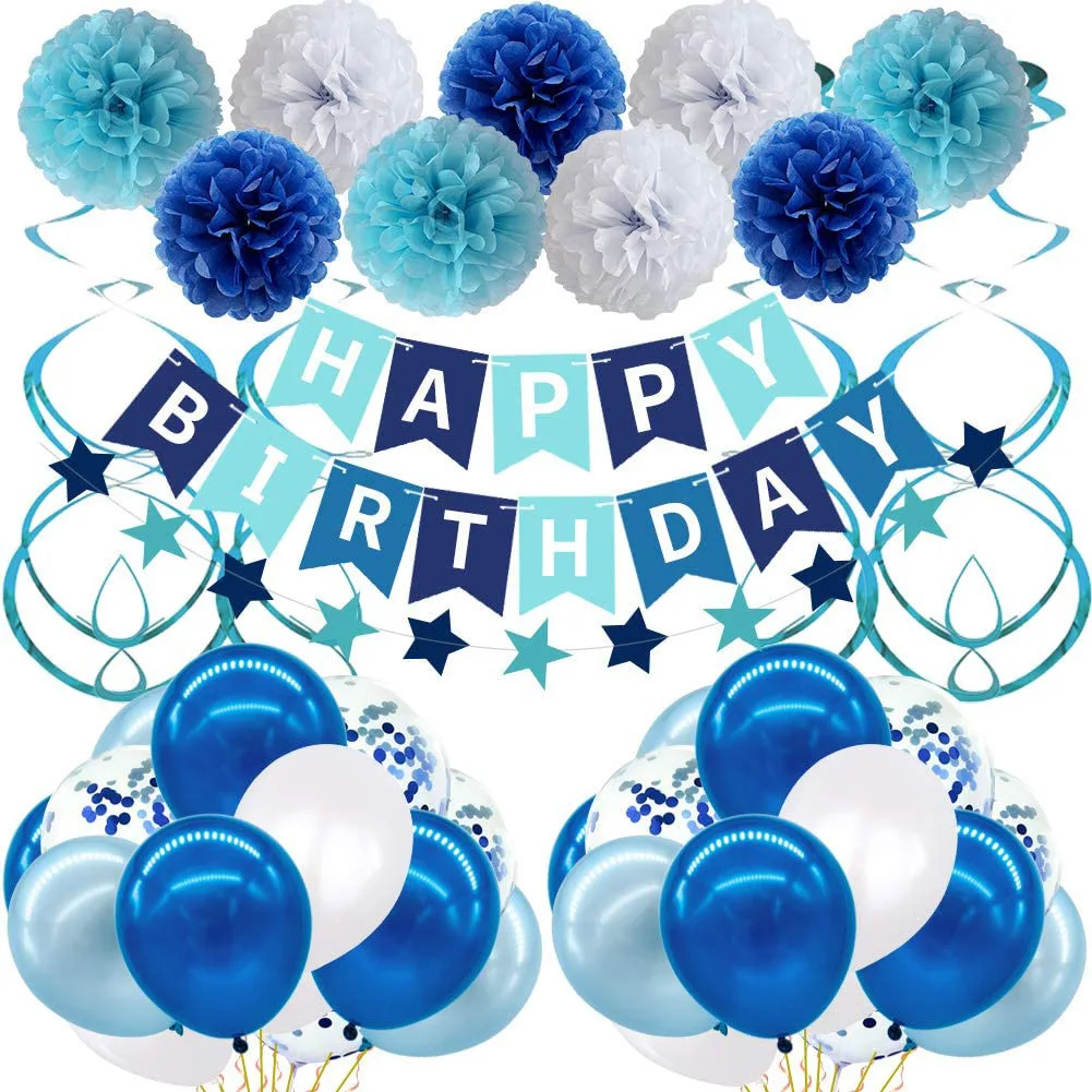 

Blue Birthday Party Supplies with Banner Hanging Swirls Paper Pompoms for Boys Men Women Girl Birthday Baby Shower Decorations