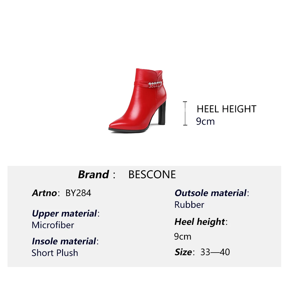 

BESCONE Elegant Women Ankle Boots Matel Decoration Sexy Pointed Toe Super High Heel Shoes New Zipper Ladies Winter Boots BM284