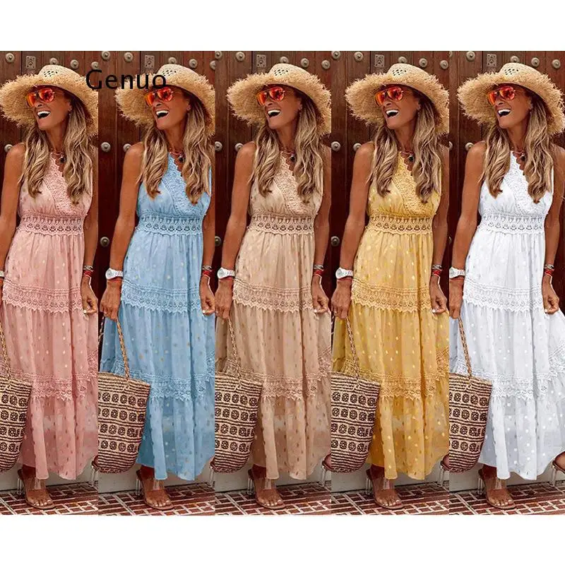 

Sexy Deep V Sleeveless Chiffon dress Loose Summer Bohemia Beach Long Dresses