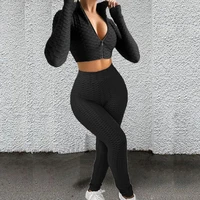 lady tracksuit sexy long sleeve solid color high waist two piece set crop top skinny textured sport outfits for running