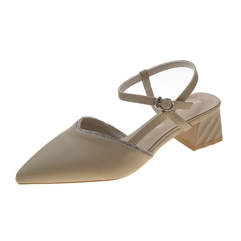 

Clear Heels High Heeled Sandals Woman 2021 Female Shoe High-heeled Girls Closed Block Summer Rhinestone Low Beige Fashion Comfor