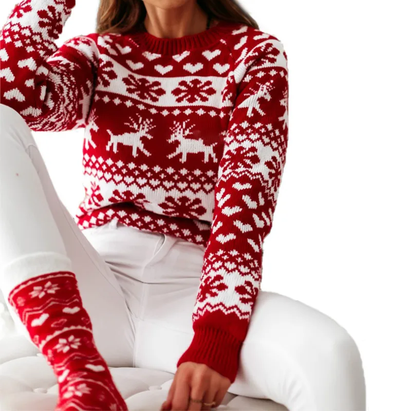 

Fashion Female Christmas Sweater Elk Floral Print Round Neck Long Sleeve Knitted Sweater Casual Loose Tops for Women