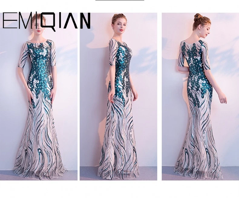 Зеленый Новое поступление, Сексуальные вечерние платья, Vestido de Festa, Русалка, платье для выпускного вечера, Robe De Soiree, круглый вырез, половина рукава, с блестками - Цвет: Зеленый