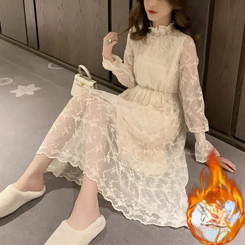 

Autumn Winter Plus Size Stand Collar Lace Embroidered Dresses Elegant Fashion High Waist Long Dress Vestidos High Quality Y856