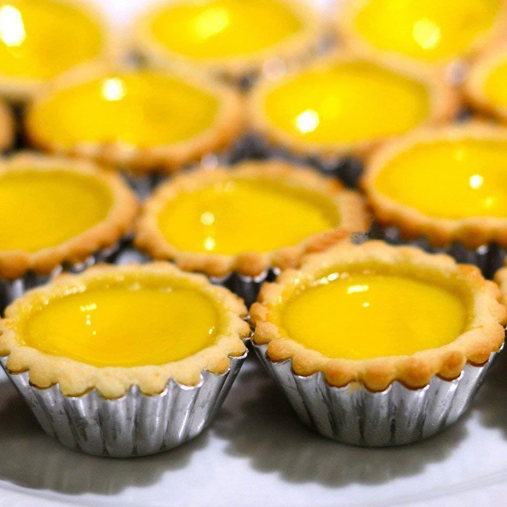 100pcs egg tart mold Portuguese chrysanthemum flower coconut round cake aluminum thick lace tower | Дом и сад