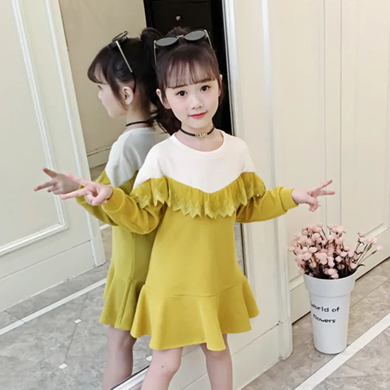Yellow DFXD/Для девочек-подростков, Осенние наряды Новинка Корейская детская одежда кружевное платье с длинными рукавами платье с оборками и русалкой для 3-12Yrs платье принцессы - Цвет: Yellow