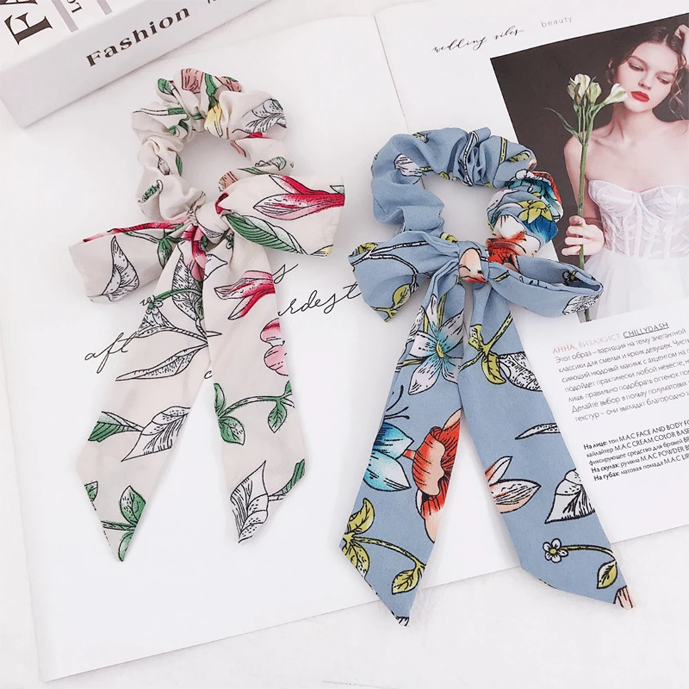 European and American exotic small fresh floral print wavy large intestine ring with ponytail ribbon cloth hair | Красота и здоровье