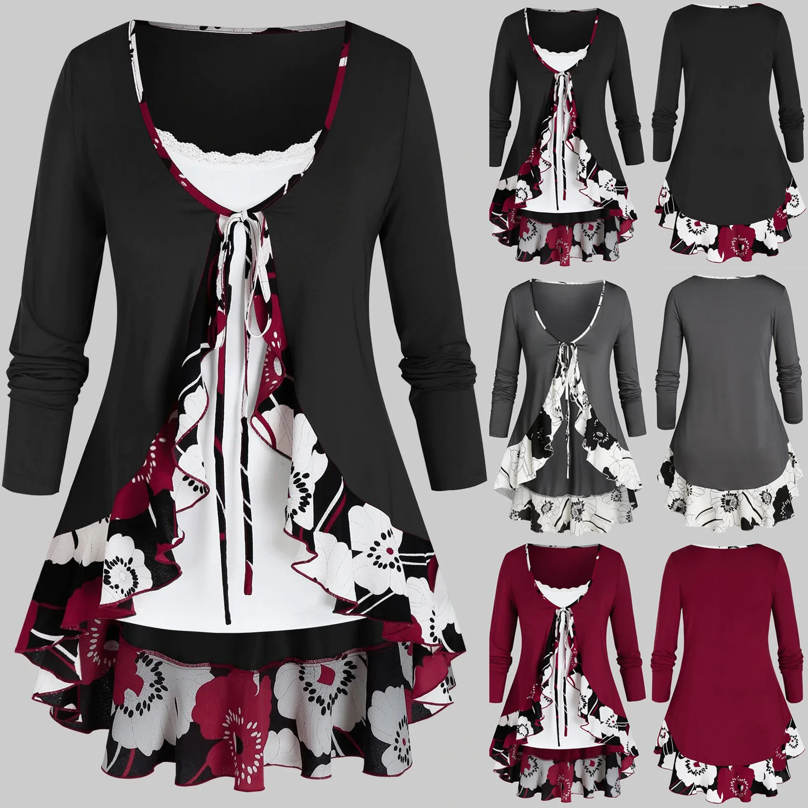 

Women Tops Plus Size Shirt Sunflower Printed Long Sleeve Pullover Bandage Cardigan Solid Top And Camis Set Two Piece Clothing