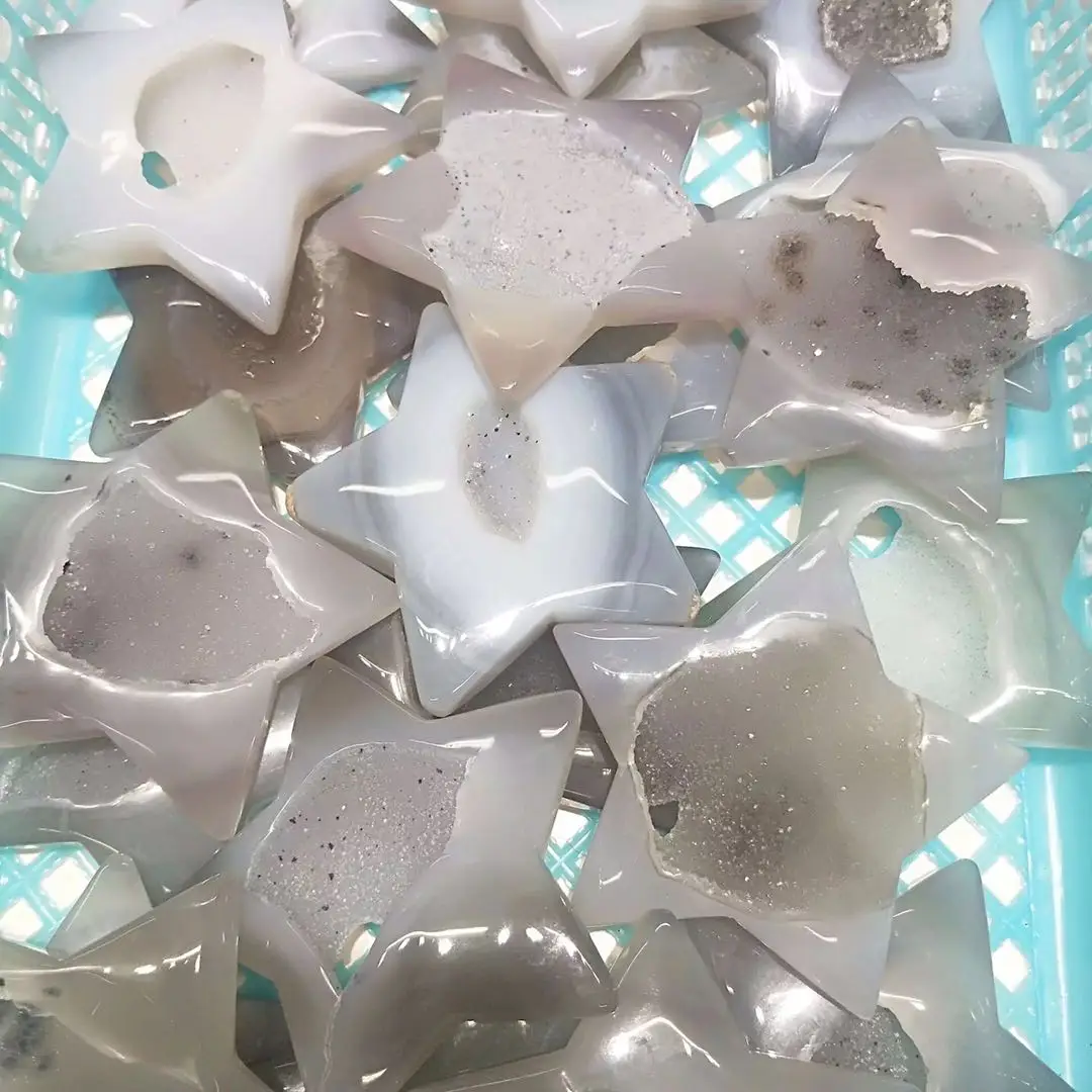 

MOKAGY Large Natural Gray Agate Geode Quartz Crystal Five-Pointed Star Cargings 1pc